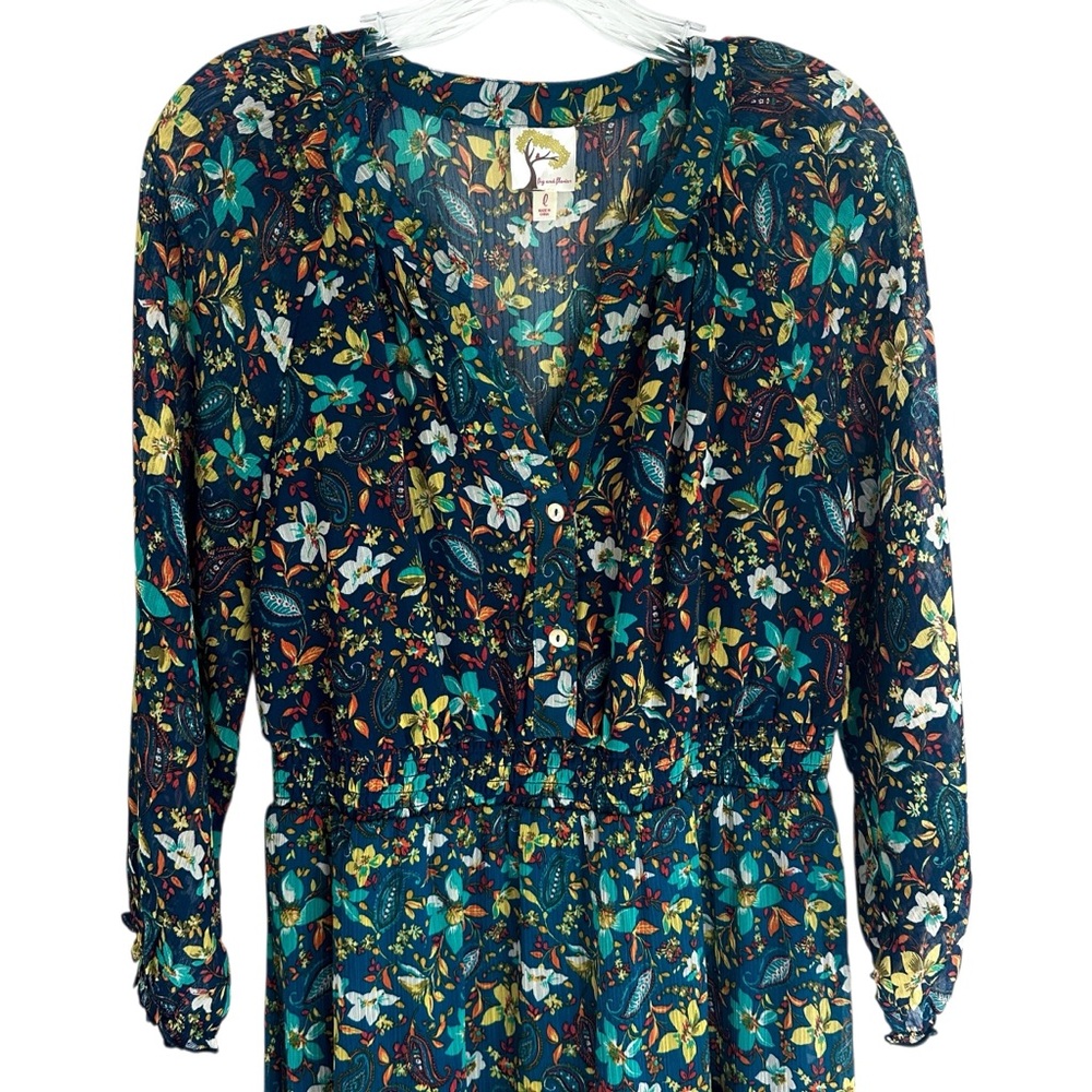 fig and flower Teal and Burgundy Floral Tiered Long Sleeve Midi Dress - Picture 4 of 6